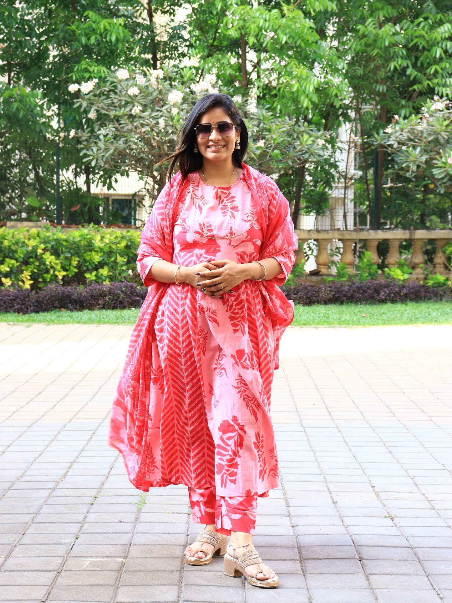 Blossom Pink Floral Anarkali Set with Chevron Accents