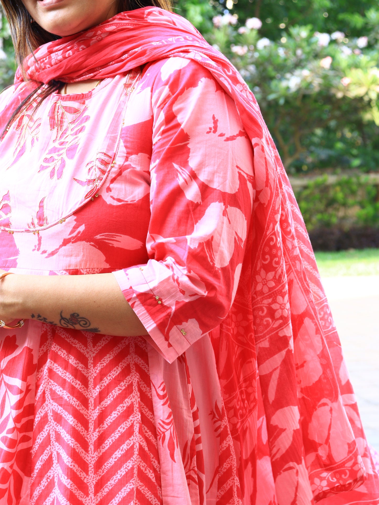 Blossom Pink Floral Anarkali Set with Chevron Accents