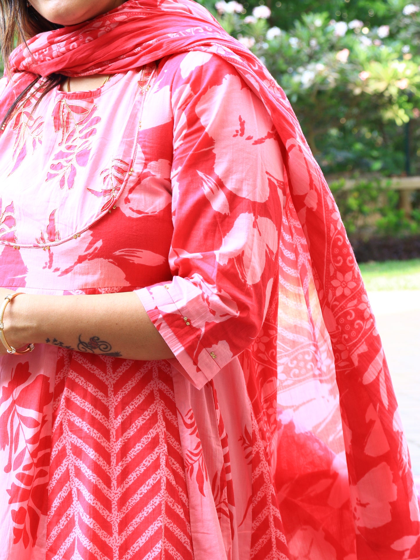 Blossom Pink Floral Anarkali Set with Chevron Accents