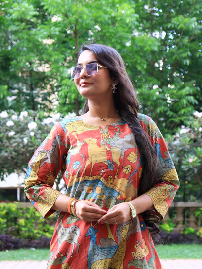 The Art of Kalamkari: Rust Animal Motif Kurta Set