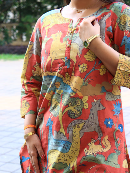 The Art of Kalamkari: Rust Animal Motif Kurta Set