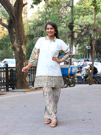 Mosaic Muse: Ivory Hand-Block Printed Shirt & Parallel Pants Co-ord Set