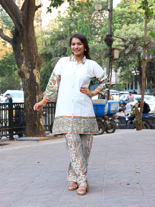 Mosaic Muse: Ivory Hand-Block Printed Shirt & Parallel Pants Co-ord Set