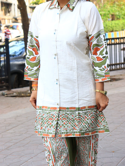 Mosaic Muse: Ivory Hand-Block Printed Shirt & Parallel Pants Co-ord Set