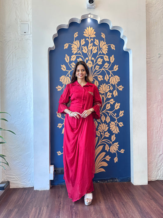Crimson Drape-Style Indo-Western Dress