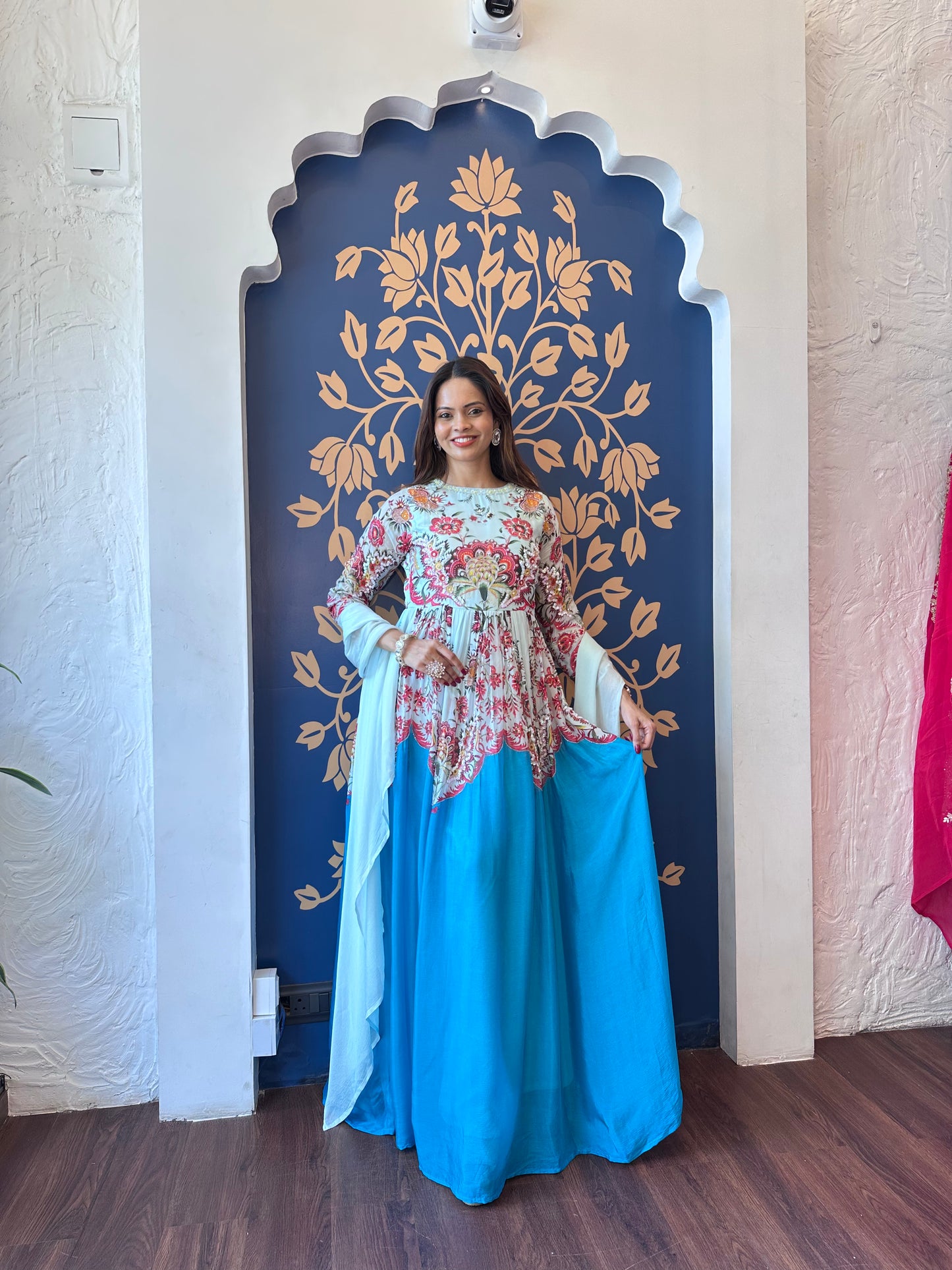 Aqua Bloom Printed Anarkali Gown