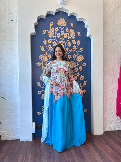 Aqua Bloom Printed Anarkali Gown