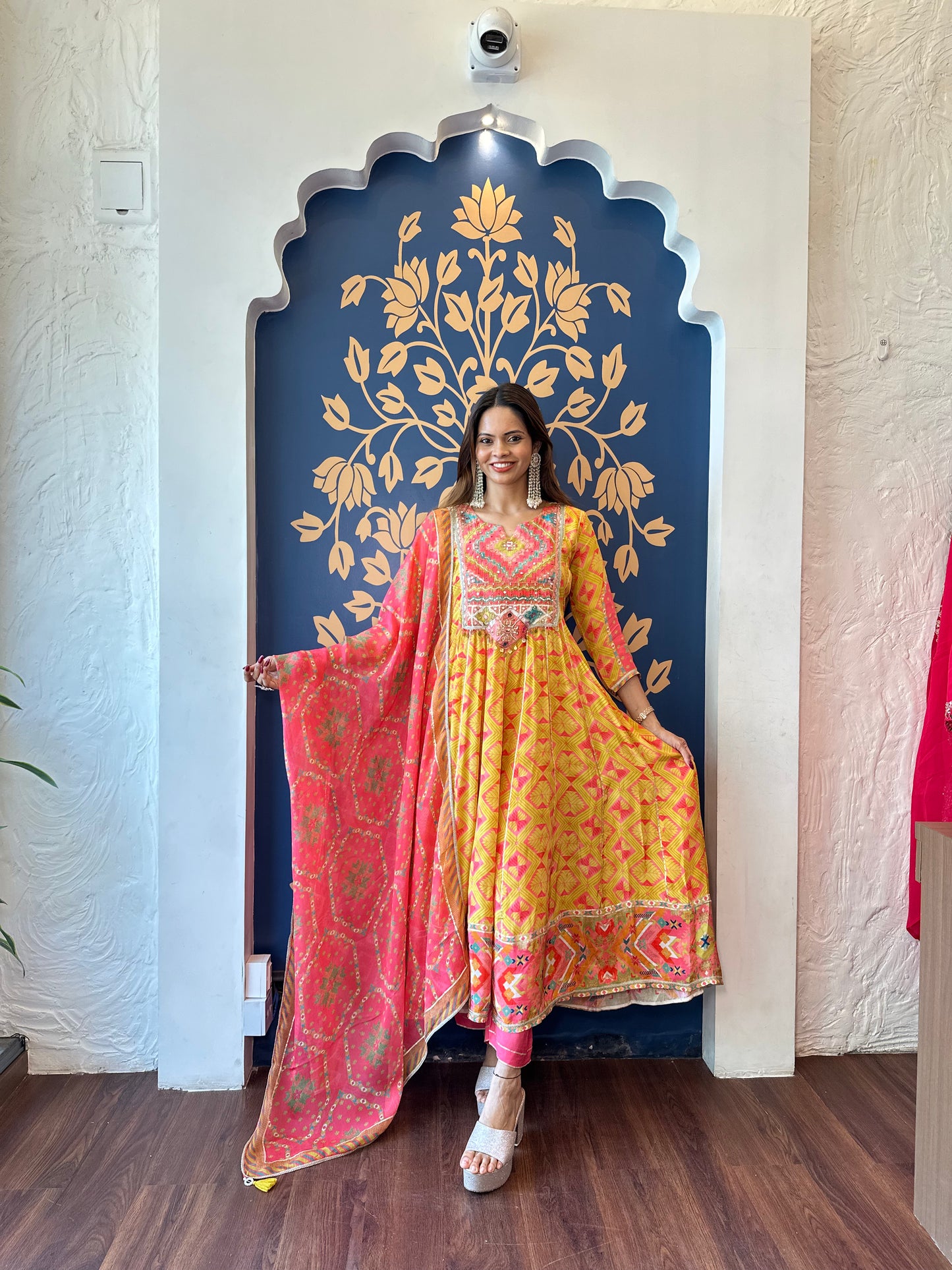 Vibrant Yellow Mirror Work Anarkali Set