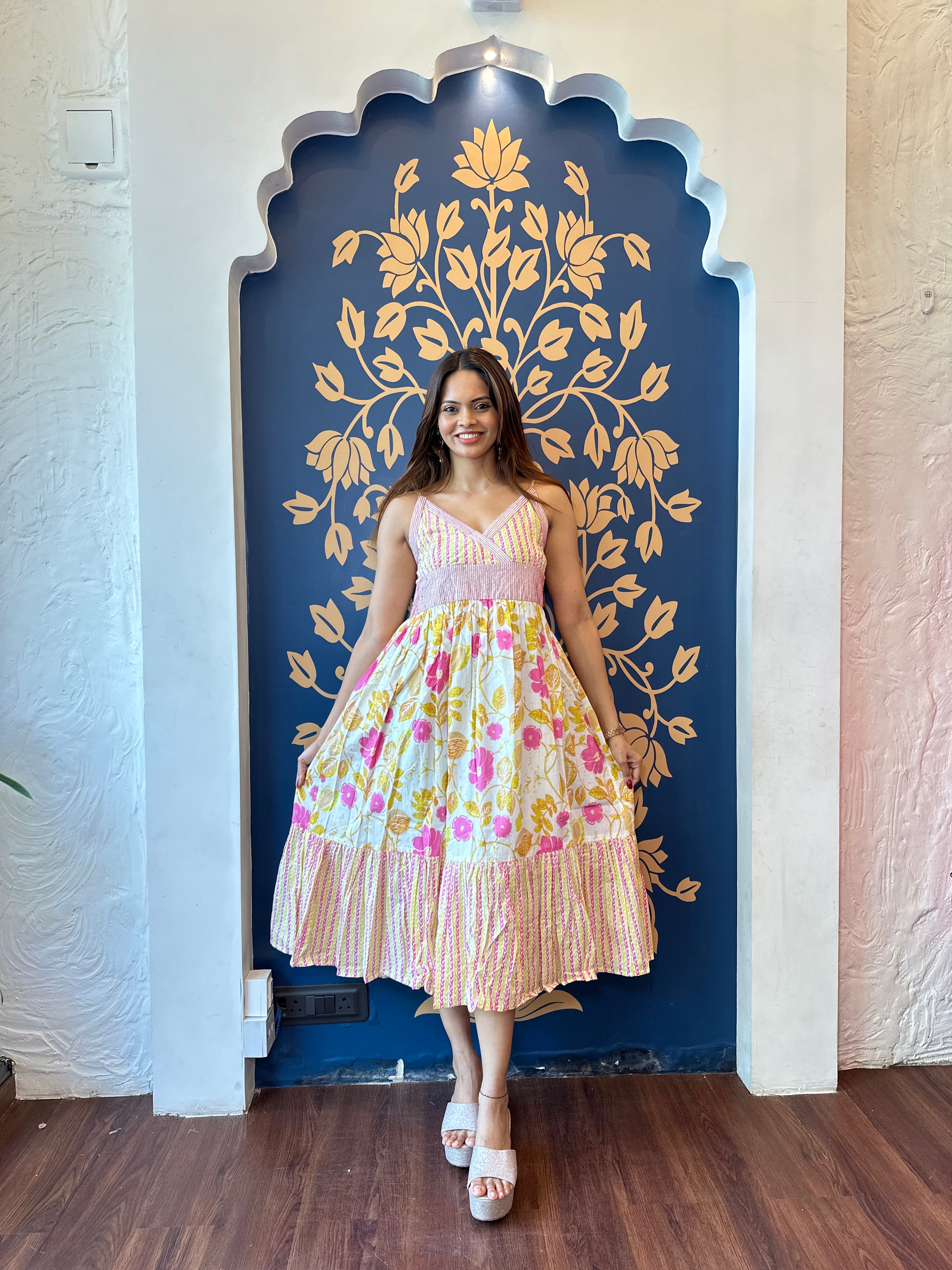 Printed Cotton Noodle Strap Dress