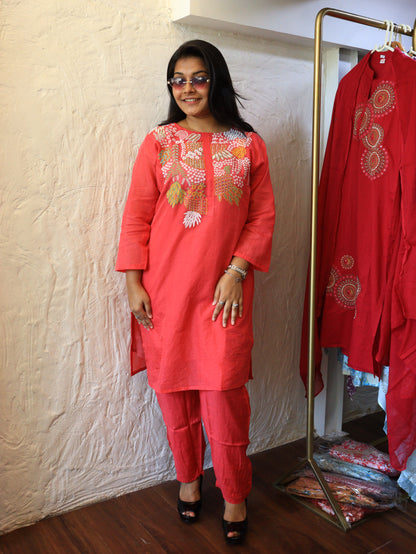 Hand-Embroidered Mul Chandheri Co-Ord Set