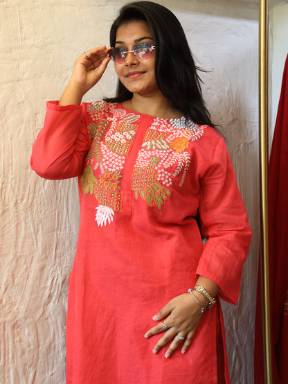 Hand-Embroidered Mul Chandheri Co-Ord Set
