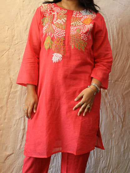 Hand-Embroidered Mul Chandheri Co-Ord Set