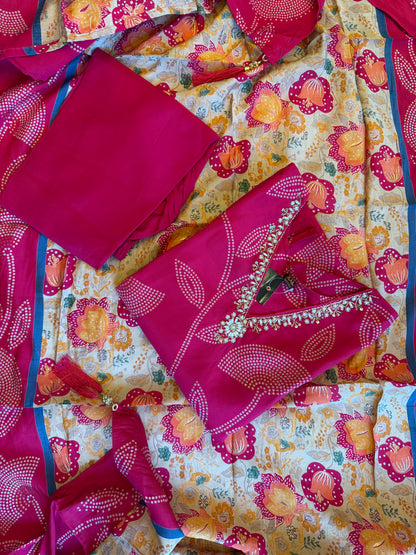 Bandhani Print Kurta Set with Floral Handloom Dupatta