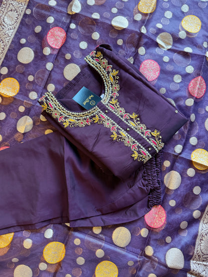 Plum Purple Embroidered Kurta Set with Banarasi Dupatta
