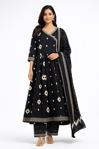Noor Black Printed Anarkali Set (3-Piece)