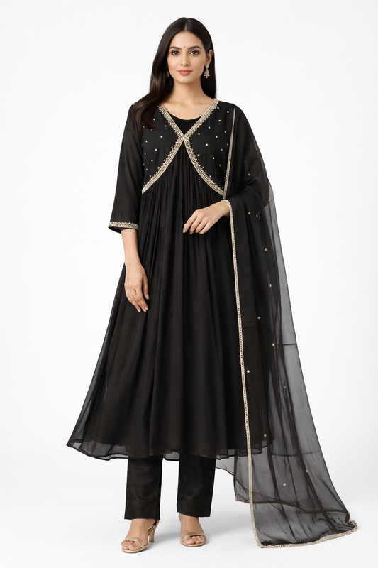 Black Embellished Anarkali 3-Piece Set