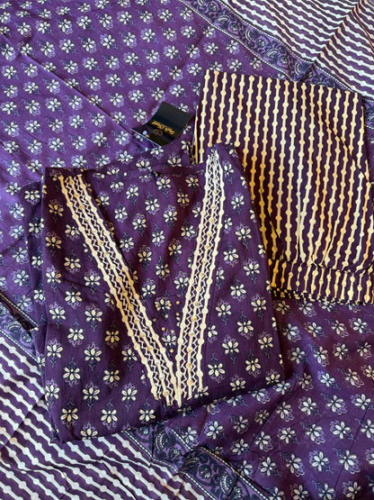 Handblock Floral Cotton Kurta Set with Dupatta