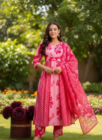 Blossom Pink Floral Anarkali Set with Chevron Accents