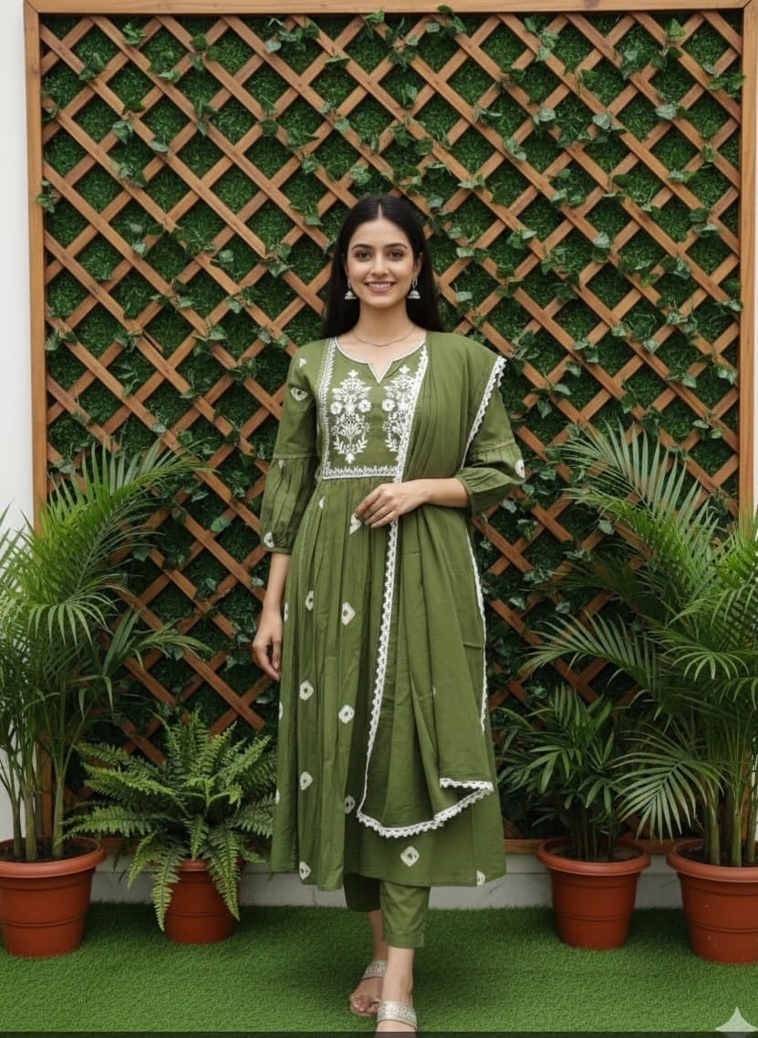 Olive Grace Embroidered Kurta Pant Set