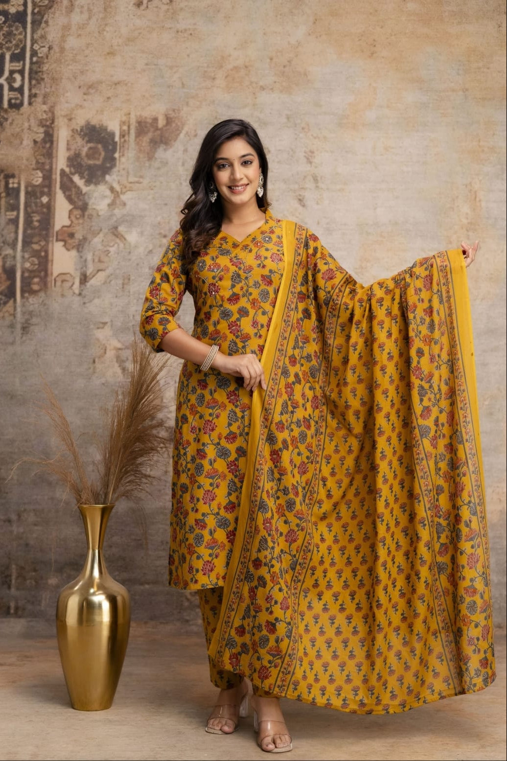 Mustard Floral Print Salwar Kameez Set
