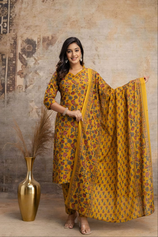 Mustard Floral Print Salwar Kameez Set