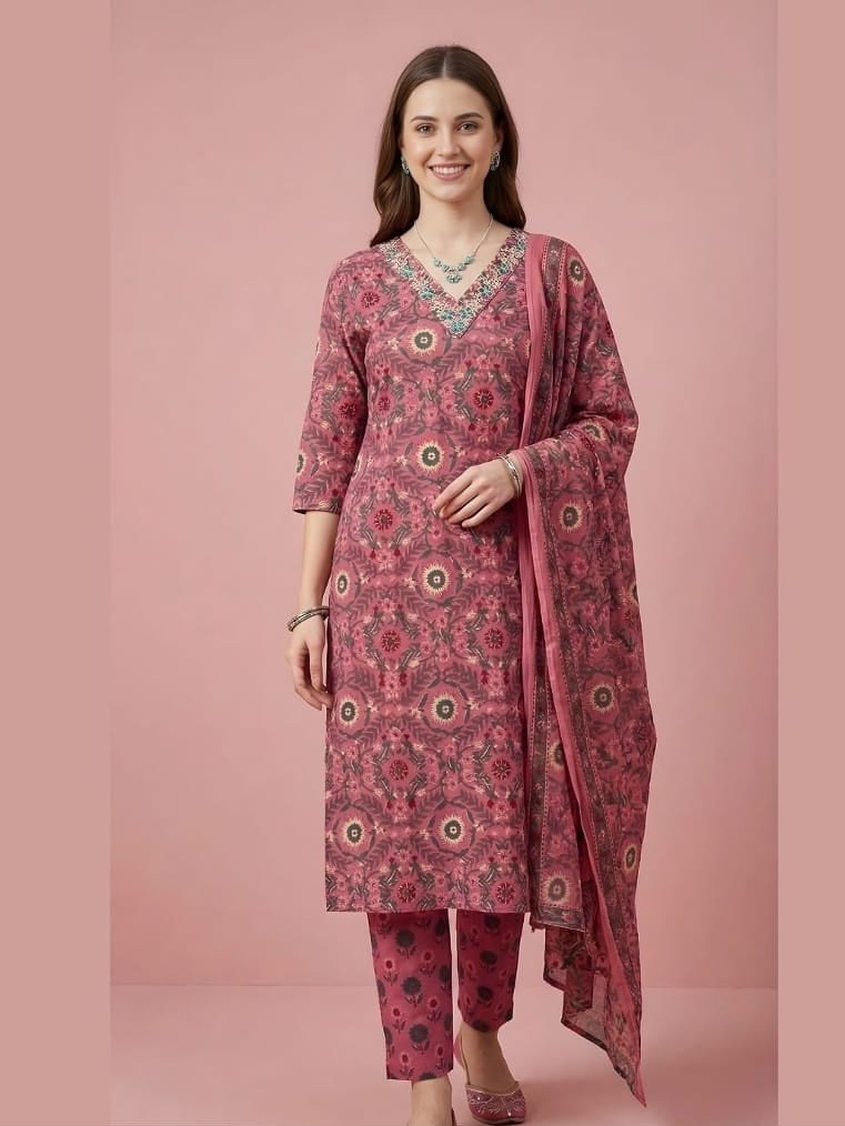 Elegant Mauve-Pink Floral Printed Kurta 3pcs Set