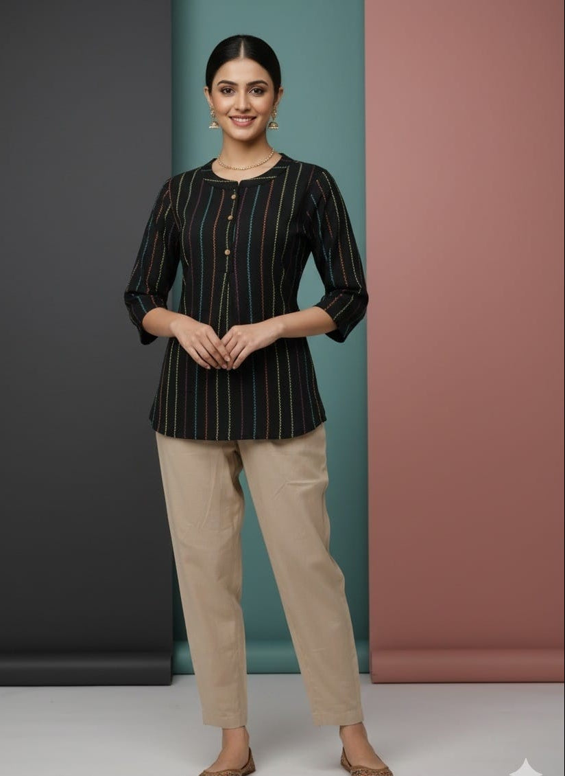 Midnight Noir Vertical Stitch Embroidered Short Kurti