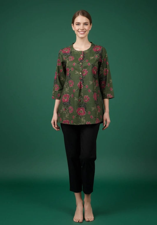 Olive Green Floral Printed Cotton Short Kurta