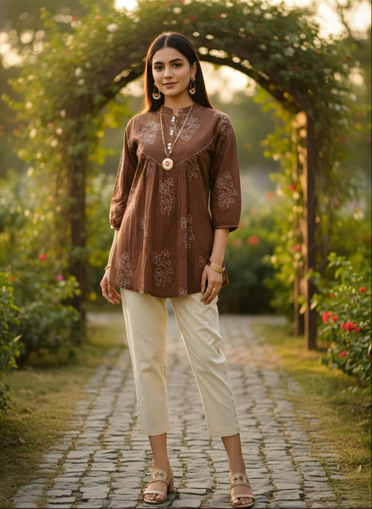 Earth-Tone Floral Short Kurta