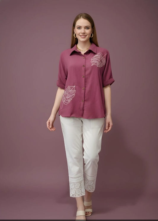 Mauve Leaf-Embroidered Button-Down Shirt