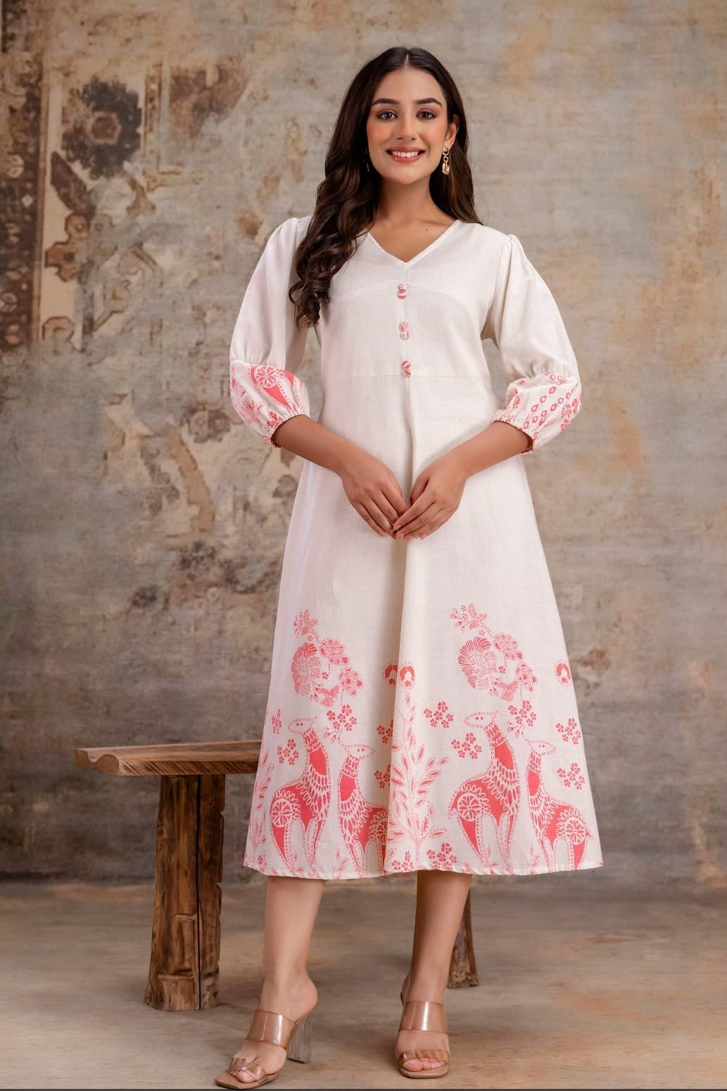 Amara Peach-Print Midi A-Line Dress