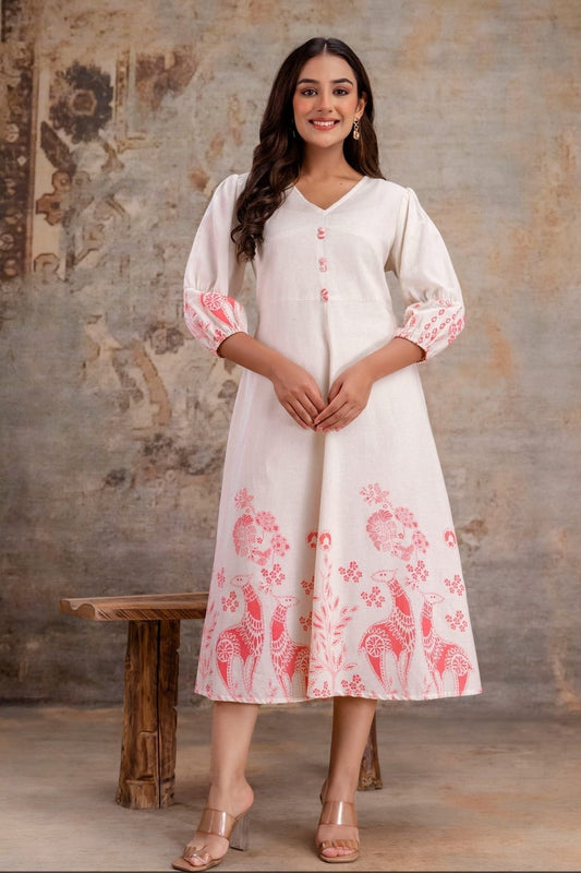 Amara Peach-Print Midi A-Line Dress