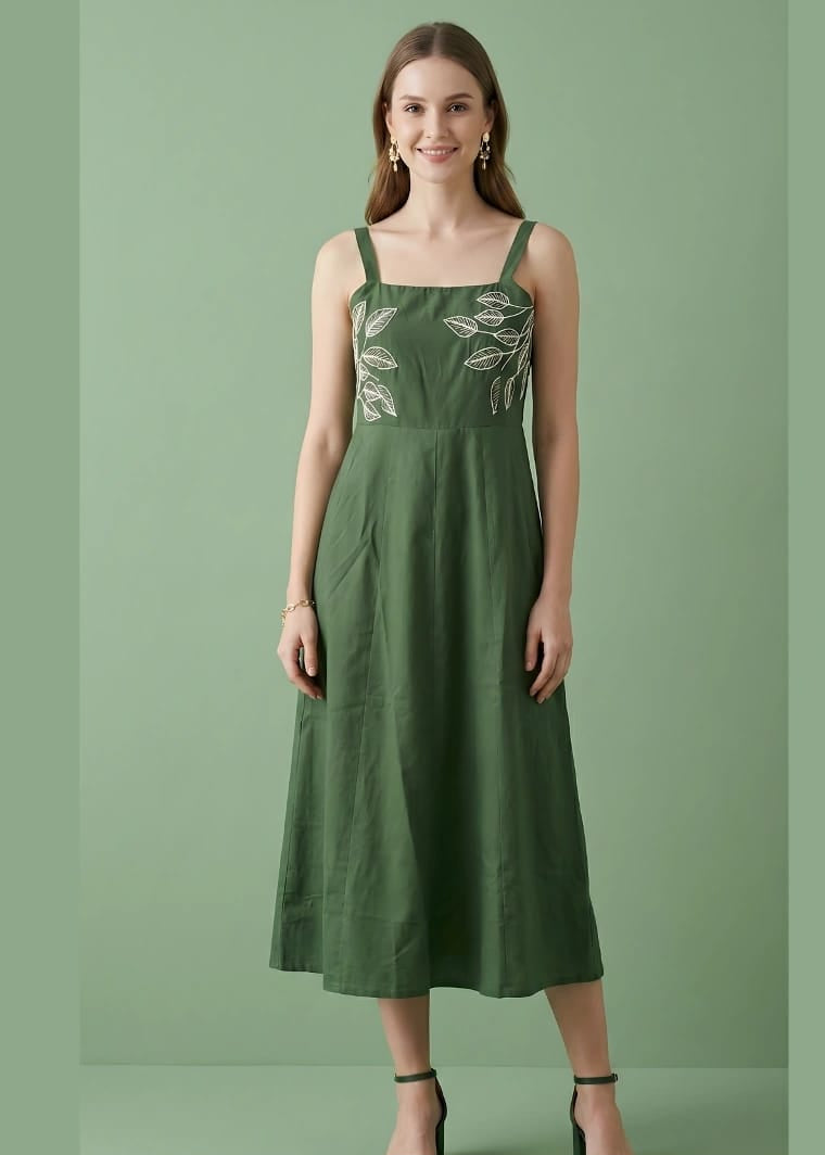 Botanical Embroidered Square-Neck Midi Dress