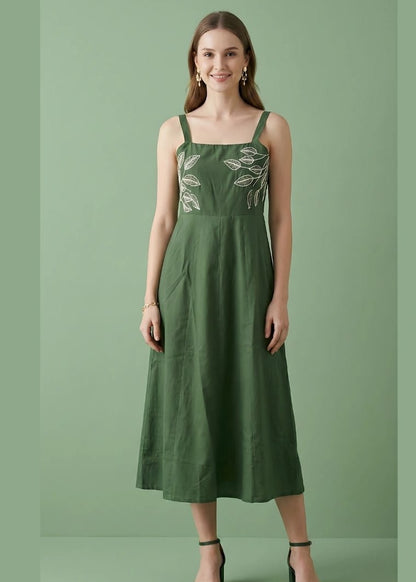 Botanical Embroidered Square-Neck Midi Dress