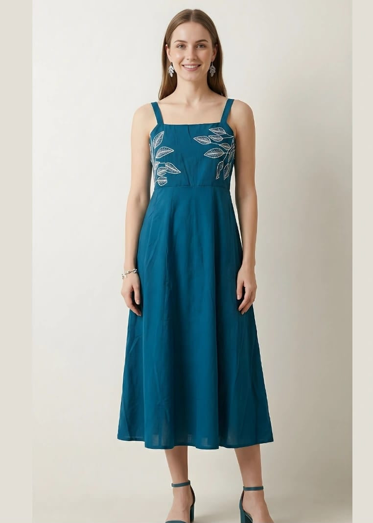 Botanical Embroidered Square-Neck Midi Dress