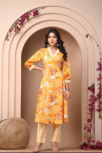 Sunshine Floral A-Line Kurta & Striped Pant Set
