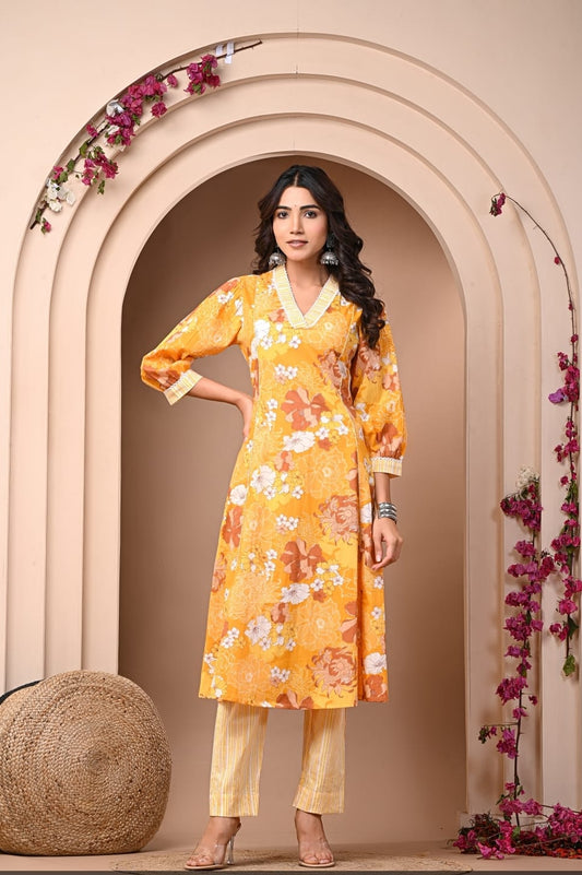 Sunshine Floral A-Line Kurta & Striped Pant Set