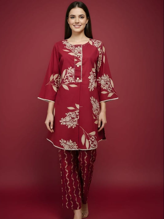 Maroon Botanical Print Co-ords