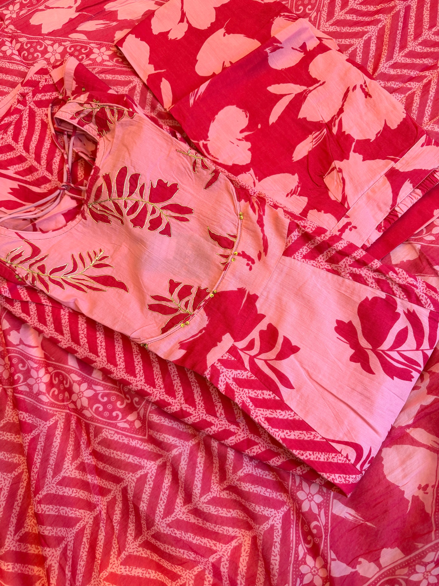 Blossom Pink Floral Anarkali Set with Chevron Accents