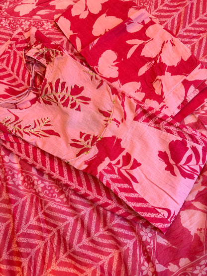 Blossom Pink Floral Anarkali Set with Chevron Accents