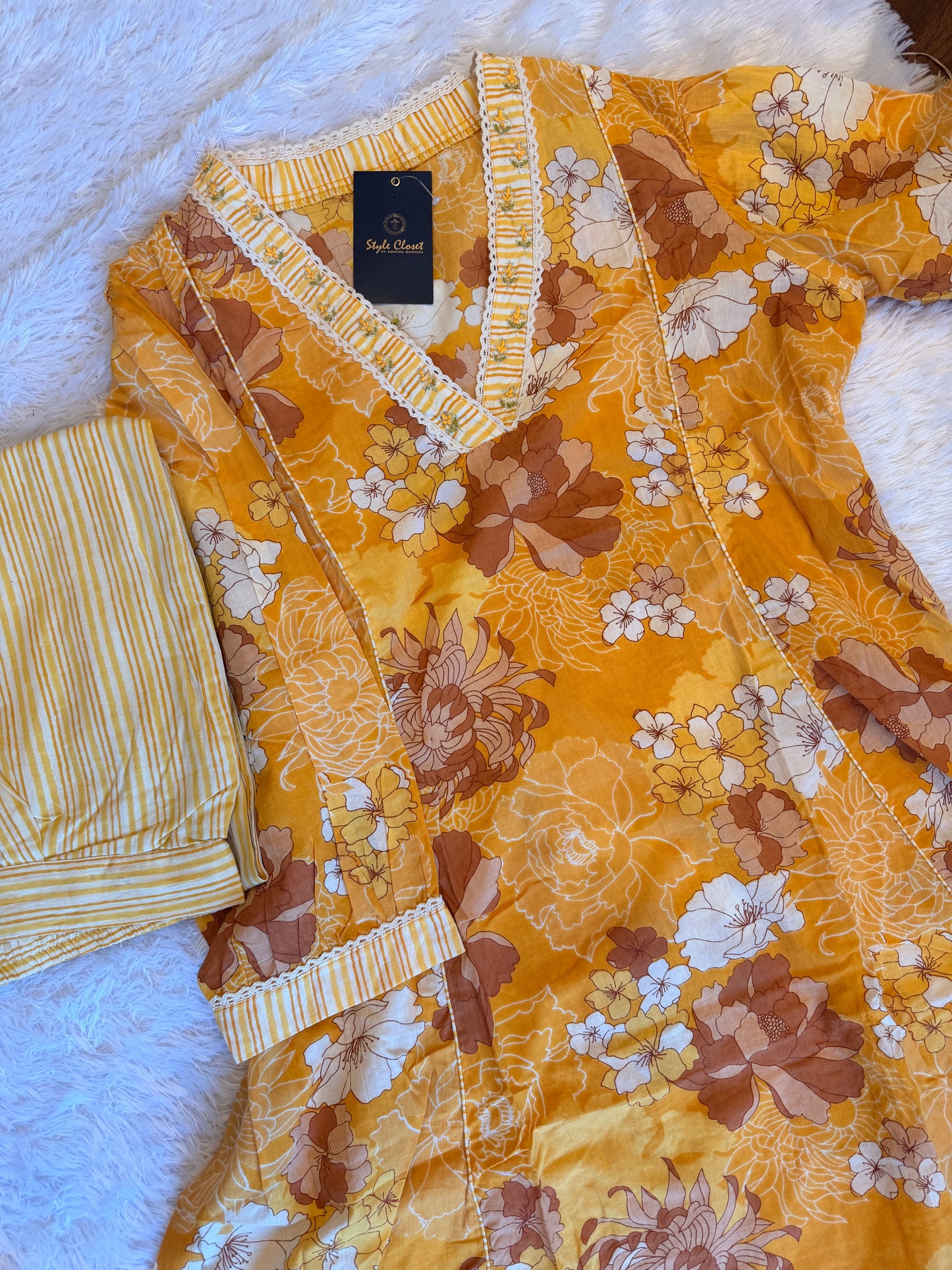 Sunshine Floral A-Line Kurta & Striped Pant Set
