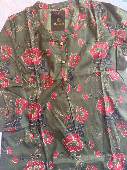 Olive Green Floral Printed Cotton Short Kurta