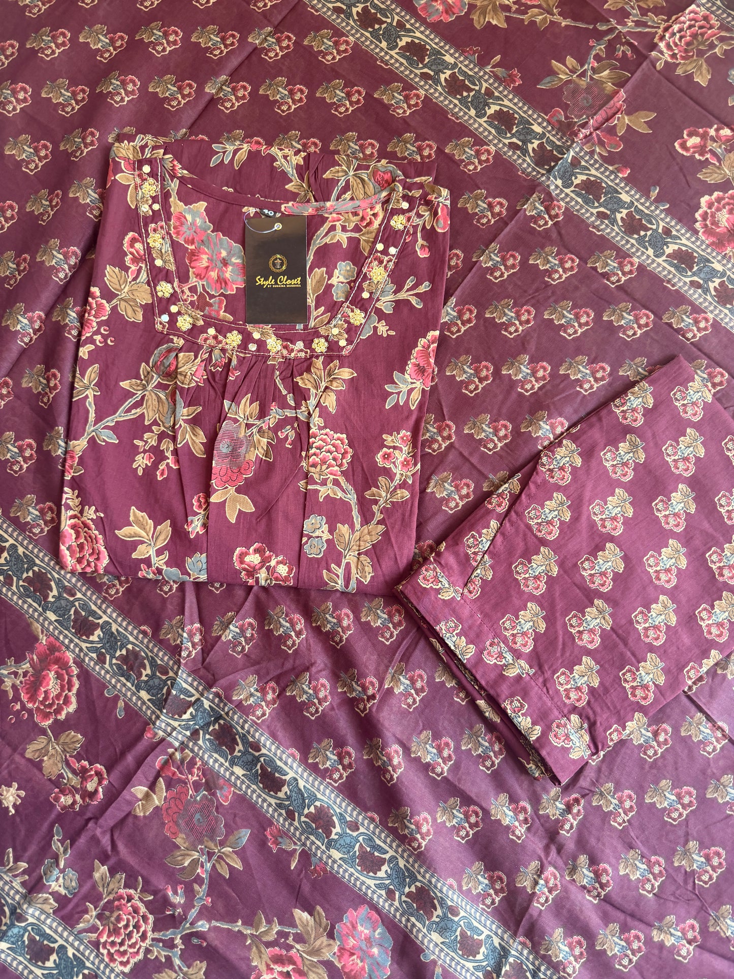 Elegant Maroon Floral Print Kurta Set with Matching Dupatta