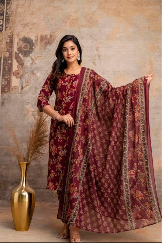 Elegant Maroon Floral Print Kurta Set with Matching Dupatta