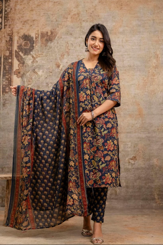 Midnight Bloom Hand-Block Print Cotton Kurta Set with Dupatta