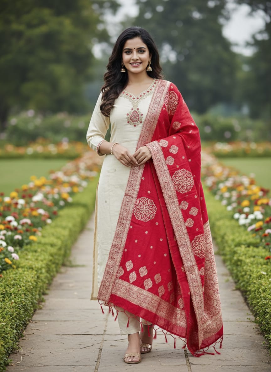 The Festive Classic: Embroidered Silk Suit with Woven Banarasi Accents