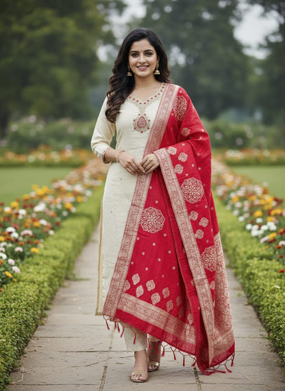 The Festive Classic: Embroidered Silk Suit with Woven Banarasi Accents