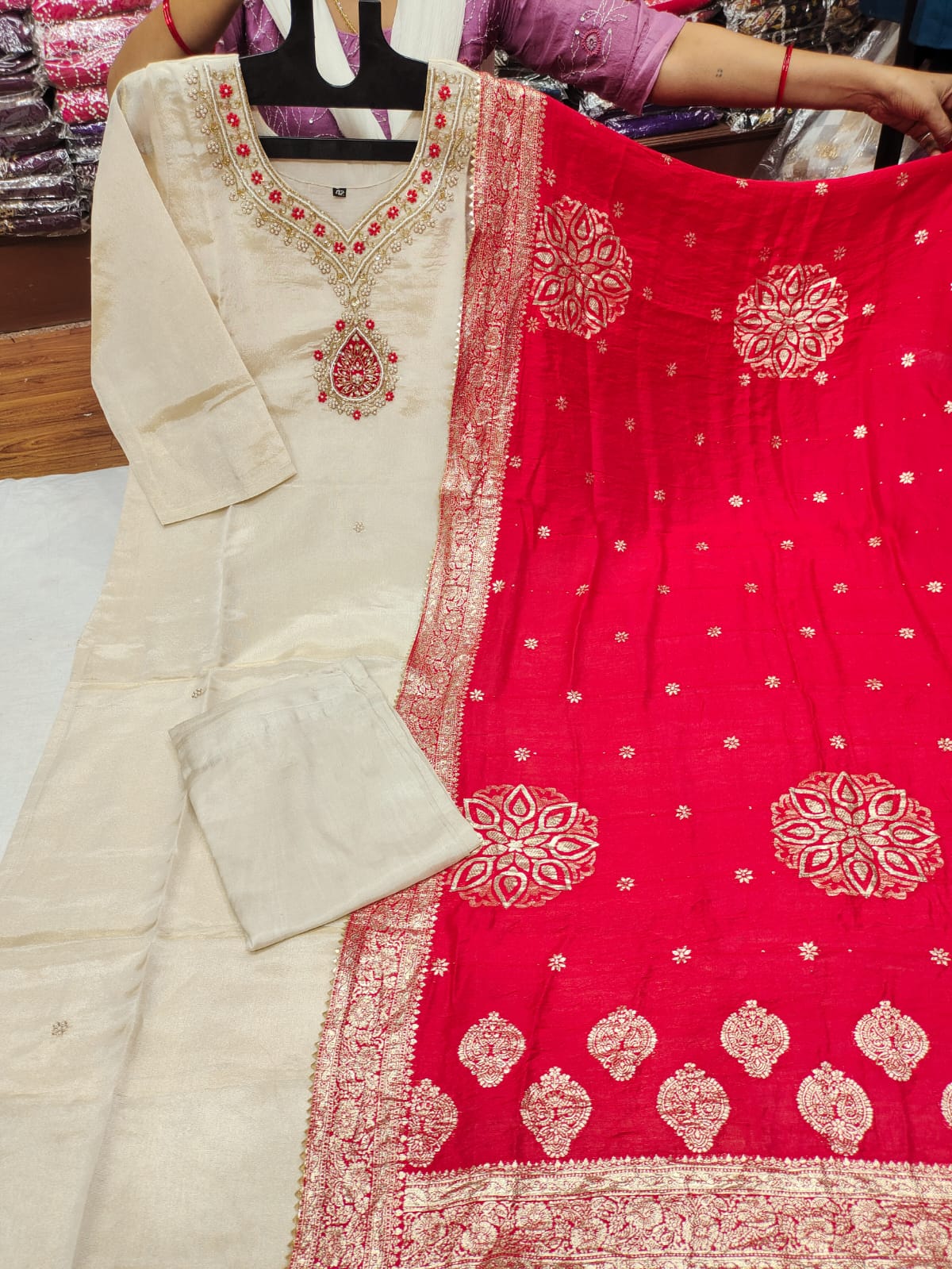 The Festive Classic: Embroidered Silk Suit with Woven Banarasi Accents