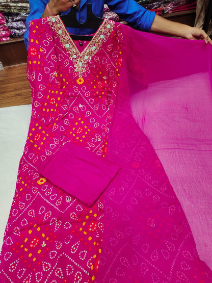 Rani Pink Bandhani Print Salwar Suit Set with Embroidered Gota Patti Neckline