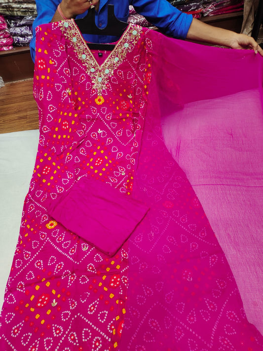 Rani Pink Bandhani Print Salwar Suit Set with Embroidered Gota Patti Neckline